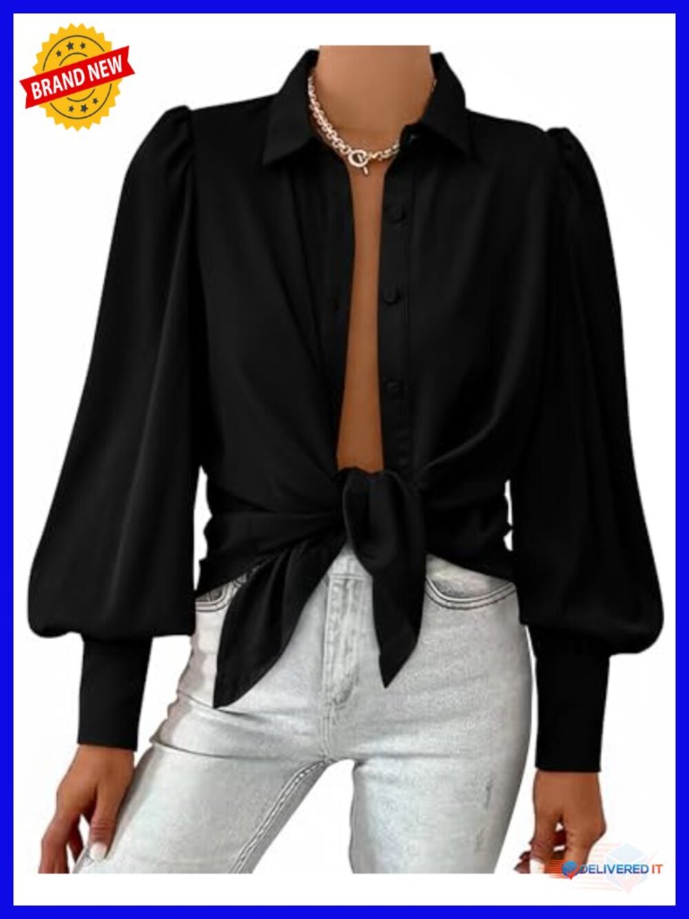 Womens Dressy Casual Long Sleeve Blouse Lapel Button Down Lantern Puff Sleeve